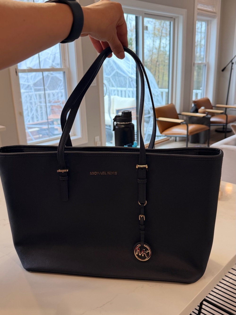 Michael Kors Black Leather Tote with Gold Logo Charm